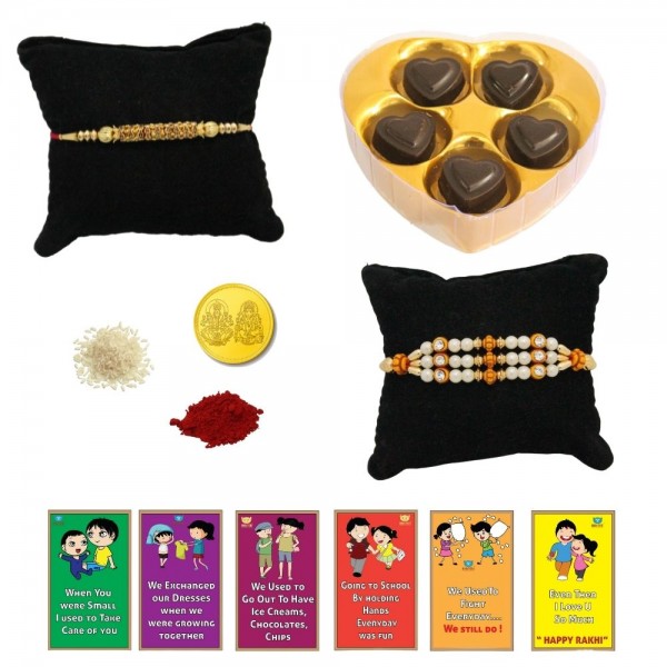 BOGATCHI 5 Heart Chocolate 2 Rakhi Gold Coin Roli Chawal and Story Card C | Rakhi with Chocolates |  Rakhi Chocolates Gifts